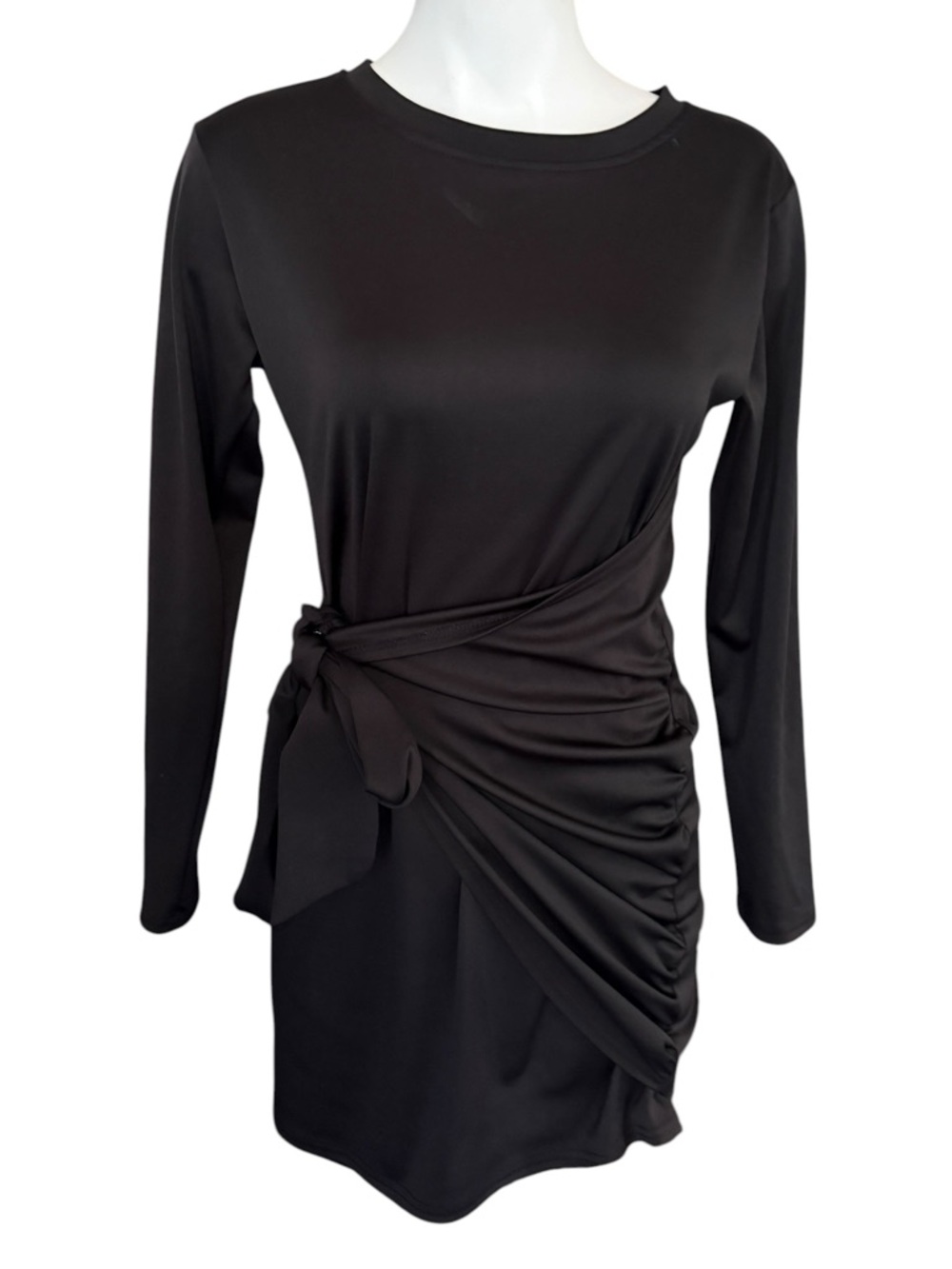Sucrefas Black Long-Sleeve Side Tie -Waist Dress, flattering, mini, sz Small